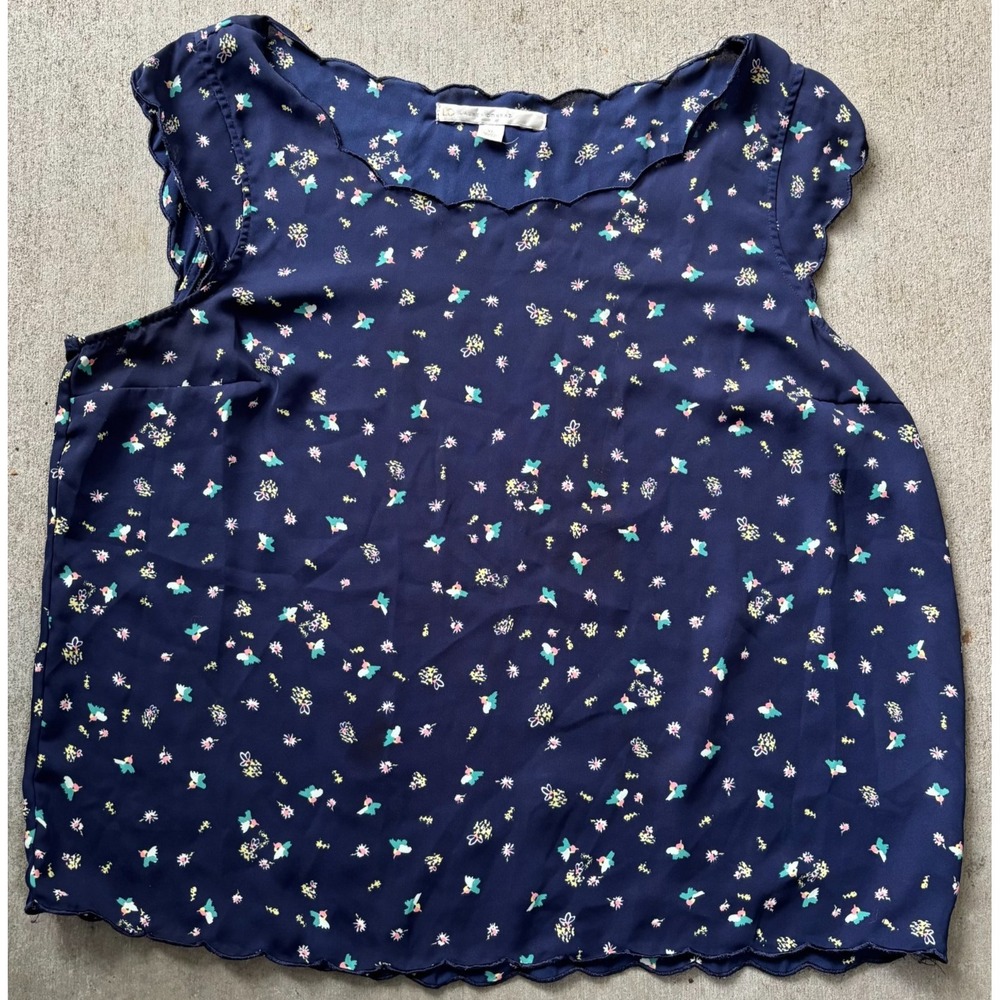 LC Lauren Conrad Womens Blouse Top Navy Blue Floral Scallop Trim Cap Sleeve XL
